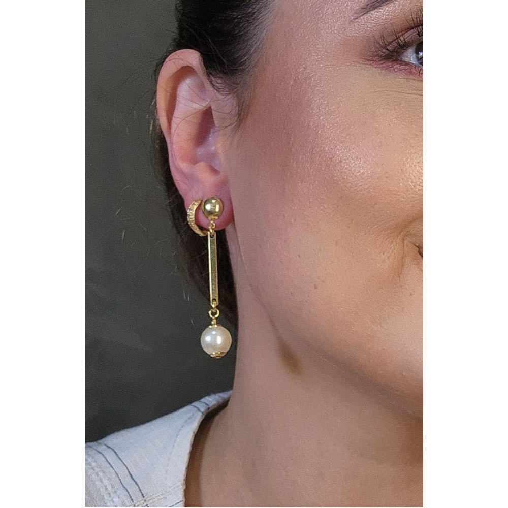 Brinco Médio com Fio Pérola Banhado em Ouro 18k - Dourado