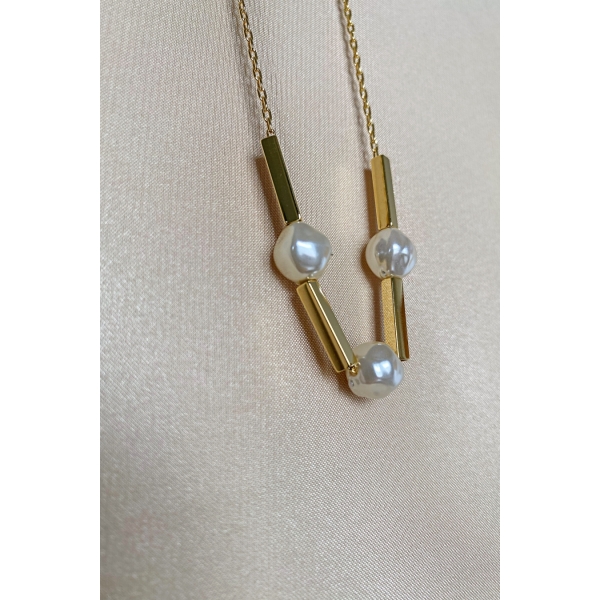 Colar Pérola e Retângulo Banhado em Ouro 18k - Dourado