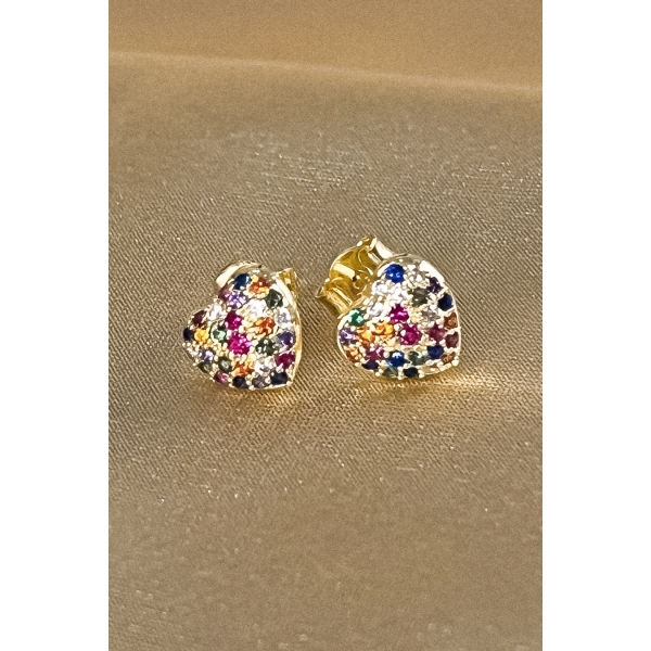 Brinco Pequeno de Coração com Zircônias Colorido Banhado em Ouro 18k - Dourado