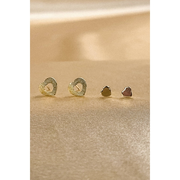 Duo Coração Pequeno e Coração Vazado Trabalhado Banhado em Ouro 18k - Dourado