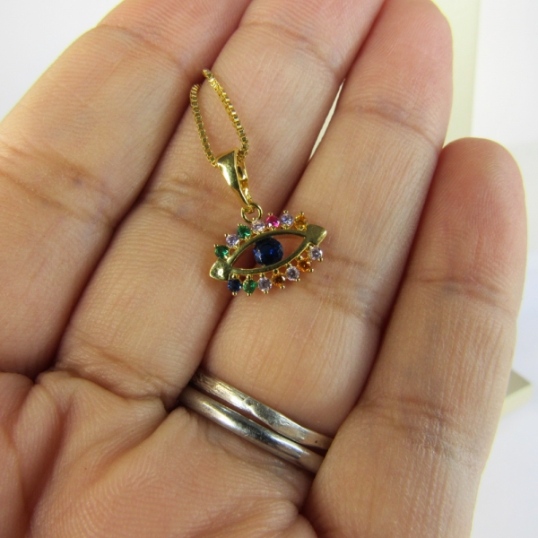 Colar Pingente Olho Grego com Zircônia Multicolor Banhado em Ouro 18k - Dourado