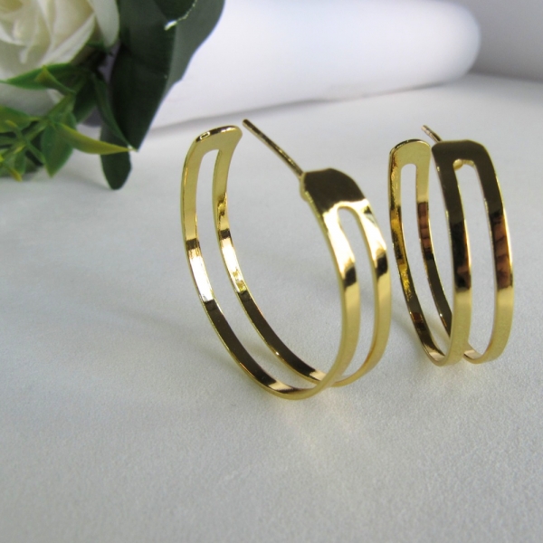 Brinco Argola Media Dupla Vazada Banhado em Ouro 18k - Dourado