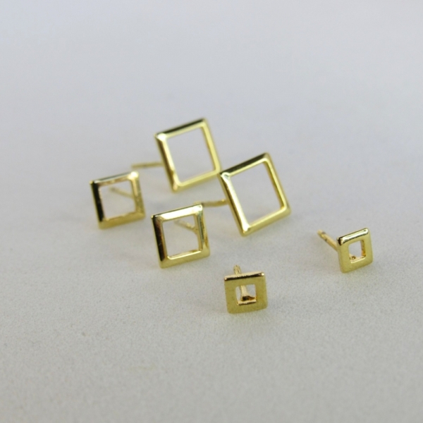 Trio de Brincos Quadrados Banhado em Ouro 18k - Dourado