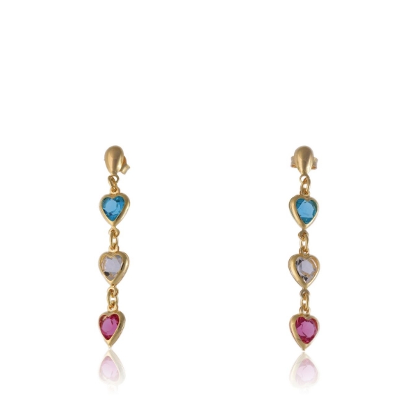 Brinco de Corações com Pedras Coloridas Banhado em Ouro 18k - Dourado