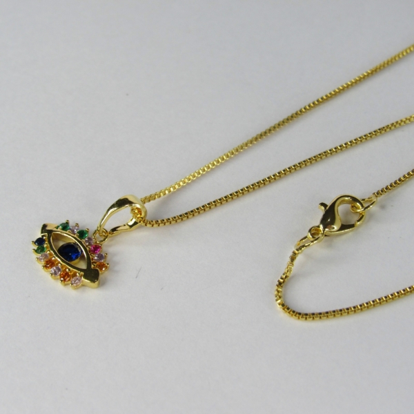 Colar Pingente Olho Grego com Zircônia Multicolor Banhado em Ouro 18k - Dourado
