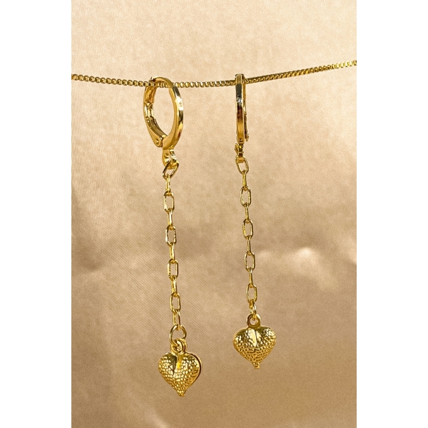 Brinco Argolinha com Corrente e Coração Banhado em Ouro 18k - Dourado