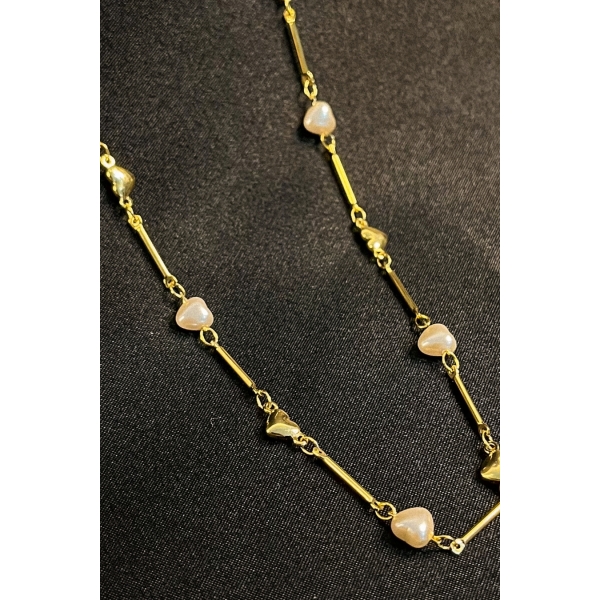 Colar com Pérolas de Coração Banhado em Ouro 18k - Dourado