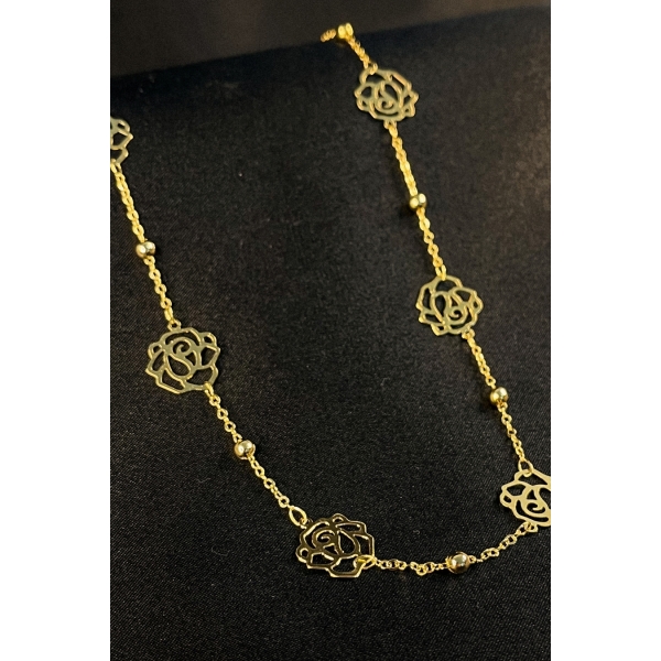 Colar Longo com Bolinha e Flor Banhado em Ouro 18k - Dourado