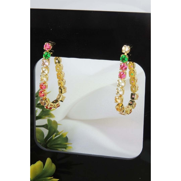 Brinco Corrente de Zircônias Coloridas Sortidas Banhado em Ouro 18k - Dourado