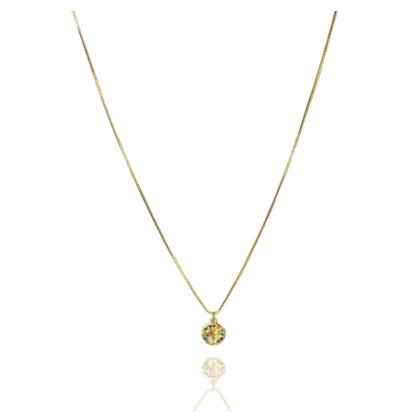 Colar Com Pingente Pequeno Em Circulo Com Árvore Da Vida Com Zircônias Coloridas Banhado em Ouro 18k - Dourado