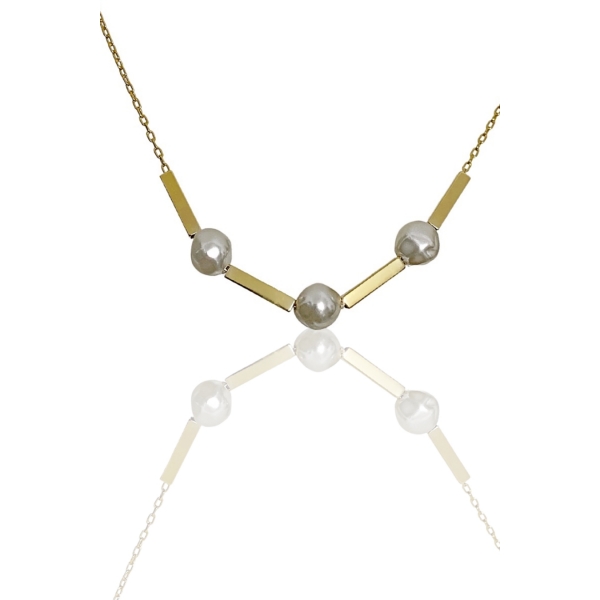 Colar Pérola e Retângulo Banhado em Ouro 18k - Dourado