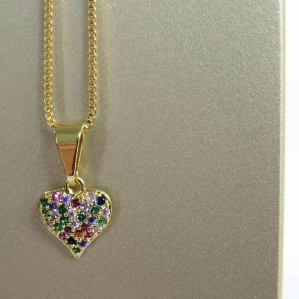 Colar Pingente Coração com Zircônia Multicolor Banhado em Ouro 18k - Dourado