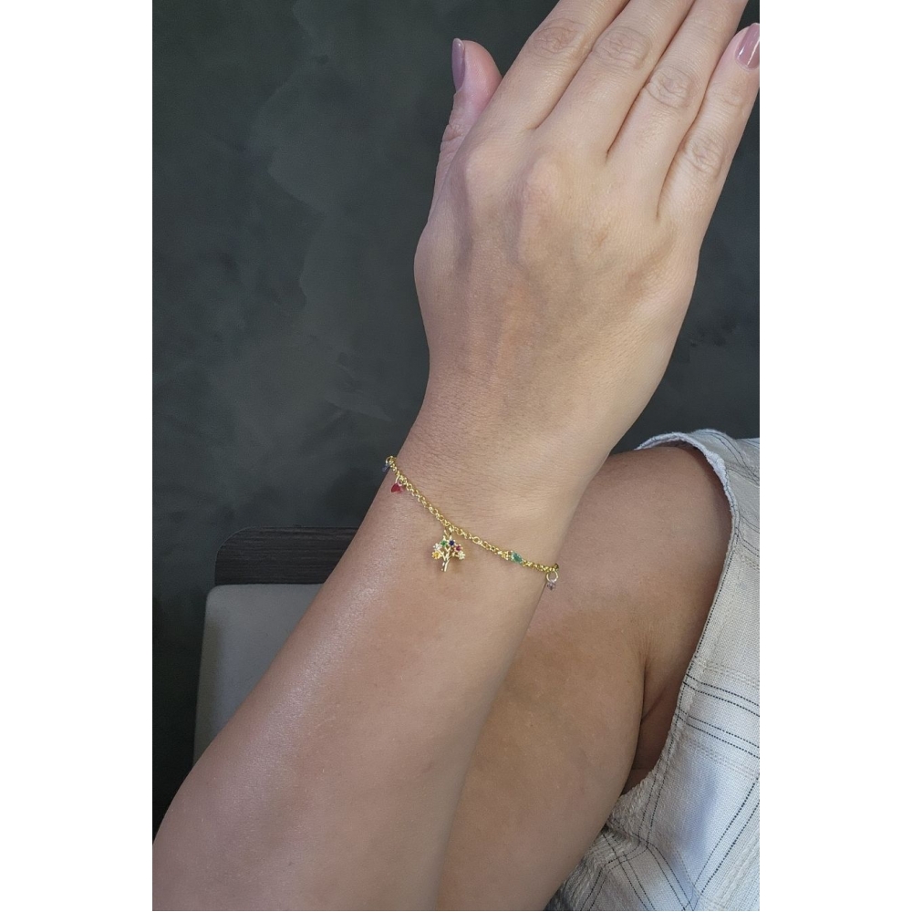 Pulseira Árvore da Vida Com Zircônias Coloridas Banhado em Ouro 18k - Dourado