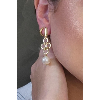 Brinco Grande de Fio com Circulo Dourado e Pérola Banhado em Ouro 18k