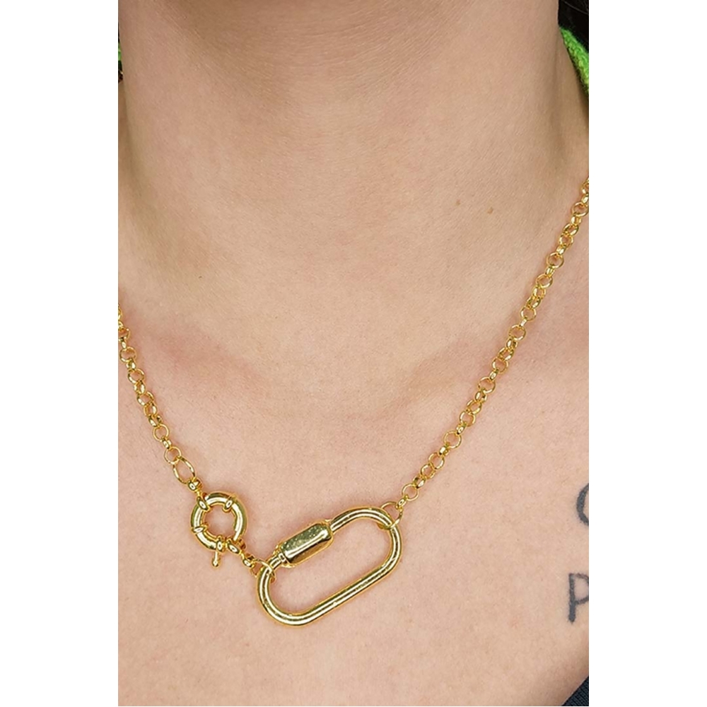 Colar Corrente de Elo Largo com Fecho Boia e Mosquetão Banhado em Ouro 18k - Dourado