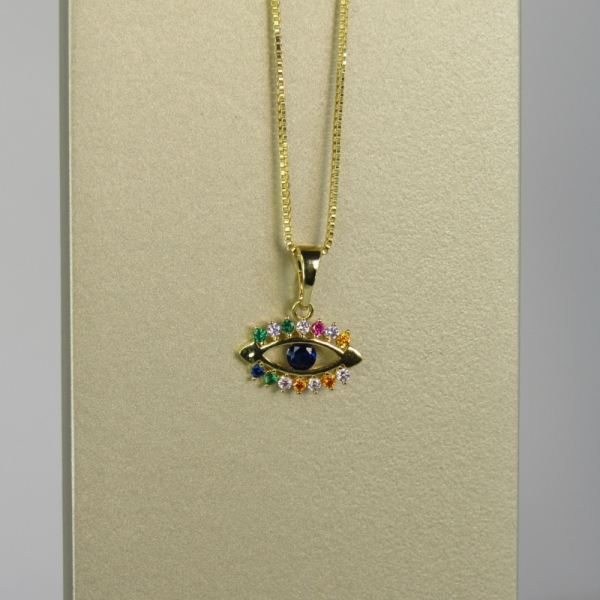 Colar Pingente Olho Grego com Zircônia Multicolor Banhado em Ouro 18k - Dourado