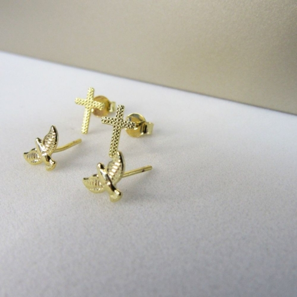 Duo de Cruz e Espírito Santo Banhado em Ouro 18k - Dourado