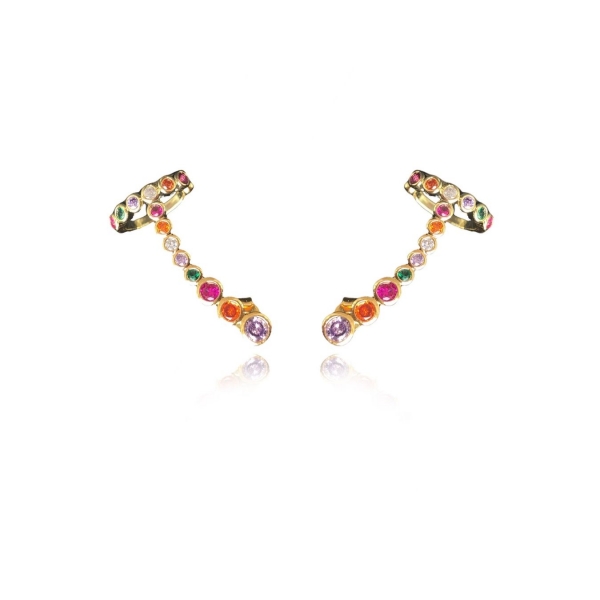 Brinco Ear Cuff com Piercing Fake e Zircônias Colorida Banhado em Ouro 18k - Dourado