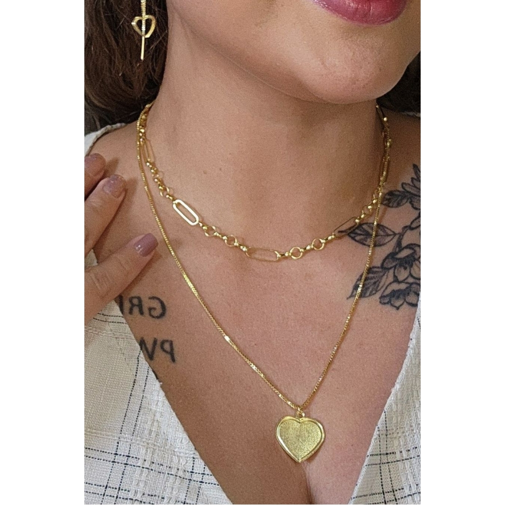 Colar Duplo com Coração Banhado em Ouro 18k - Dourado