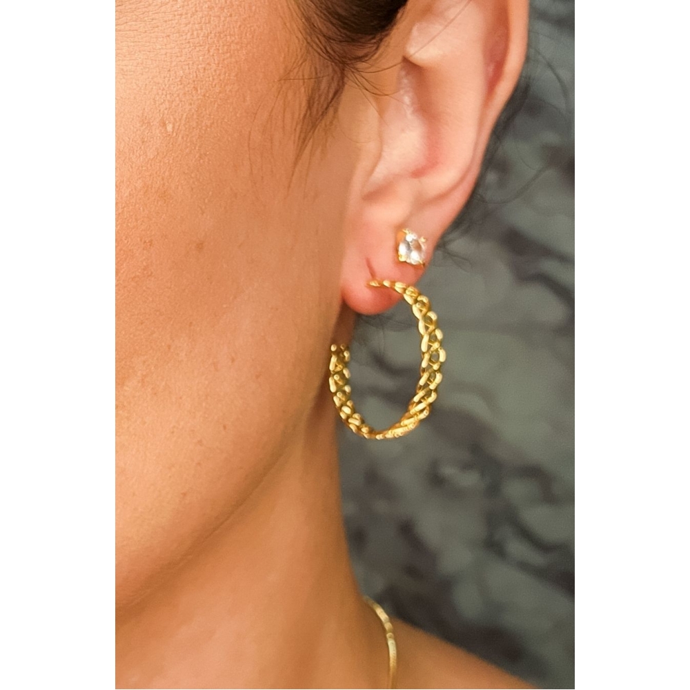 Brinco Argola Média Trabalhada com Vazado Banhado em Ouro 18k - Dourado