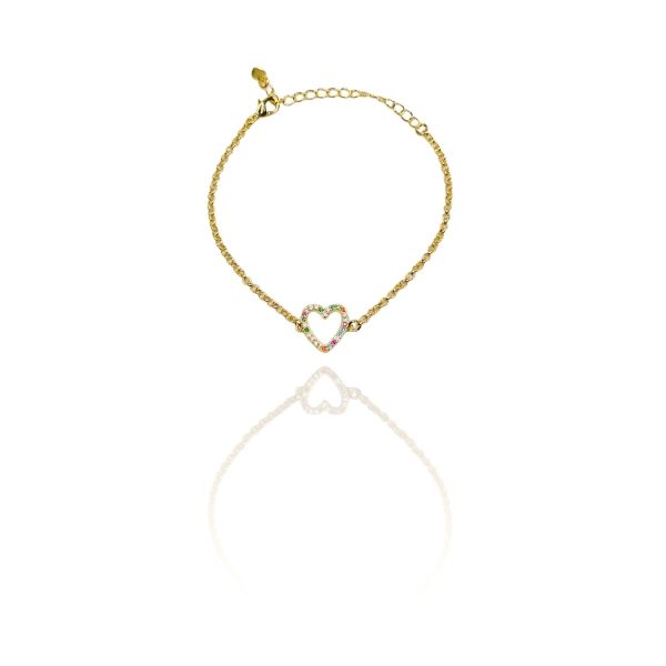 Pulseira Com Pingente De Coração Em Zircônias Coloridas Banhado em Ouro 18k - Dourado