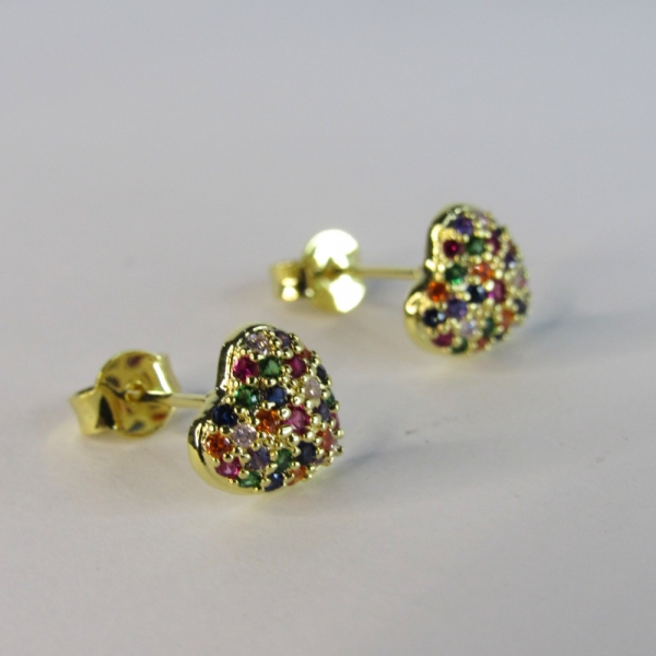 Brinco Pequeno de Coração com Zircônias Colorido Banhado em Ouro 18k - Dourado