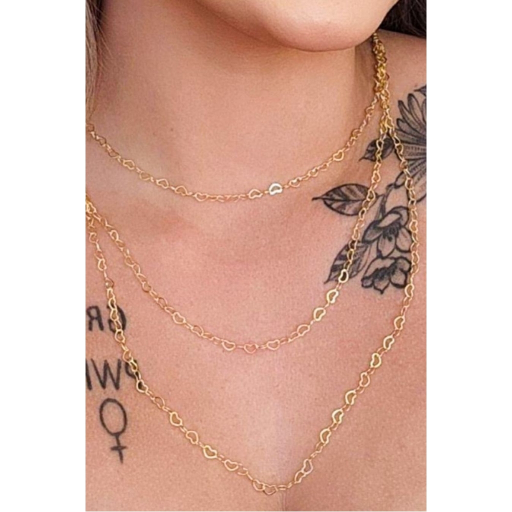 Colar Triplo de Coração Banhado em Ouro 18k - Dourado