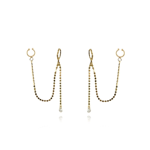Brinco Argolinha Corrente com Ponto de Luz e Piercing Fake Banhado em Ouro 18k - Dourado