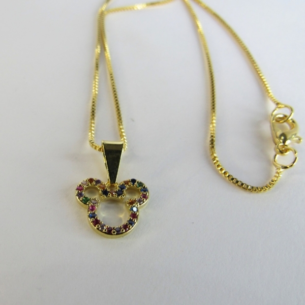 Colar Com Pingente Do Mickey De Zircônia Colorida Banhado em Ouro 18k - Dourado