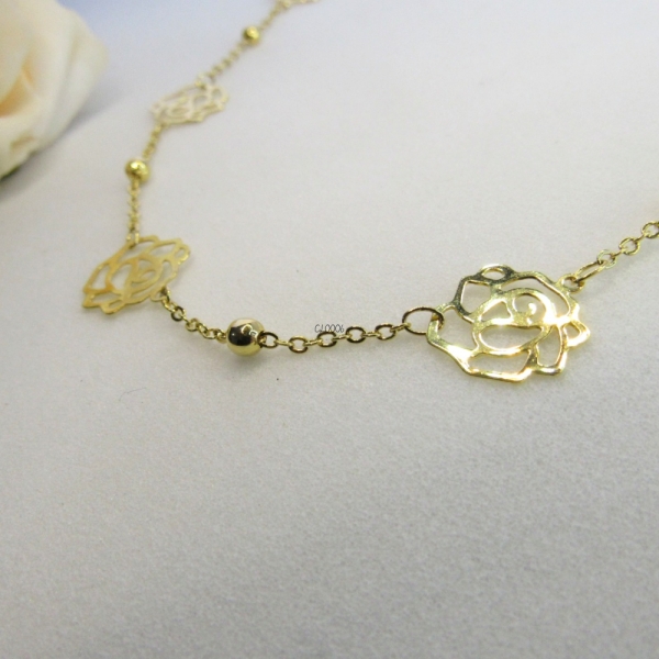 Colar Longo com Bolinha e Flor Banhado em Ouro 18k - Dourado