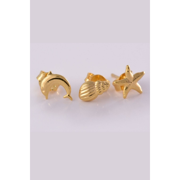Trio de Brincos Marinhos Banhado em Ouro 18k - Dourado