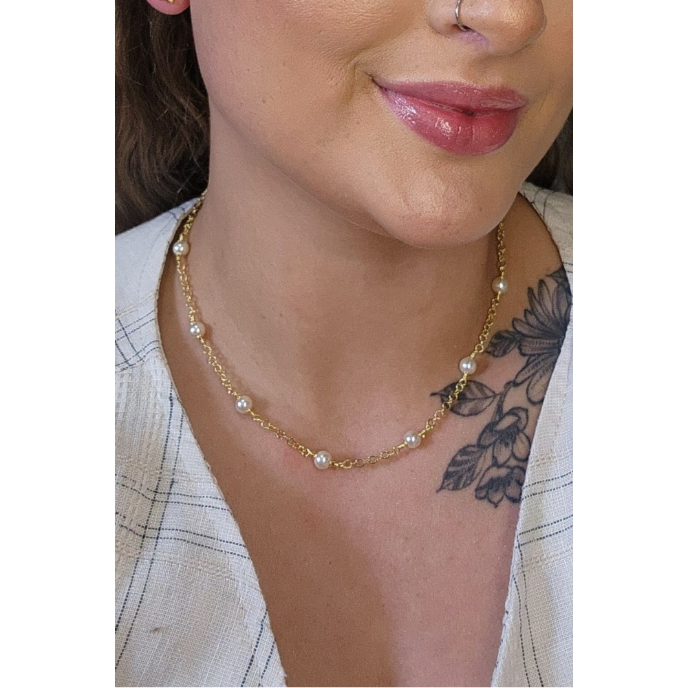 Colar Corrente Americana com Pérolas Banhado em Ouro 18k - Dourado