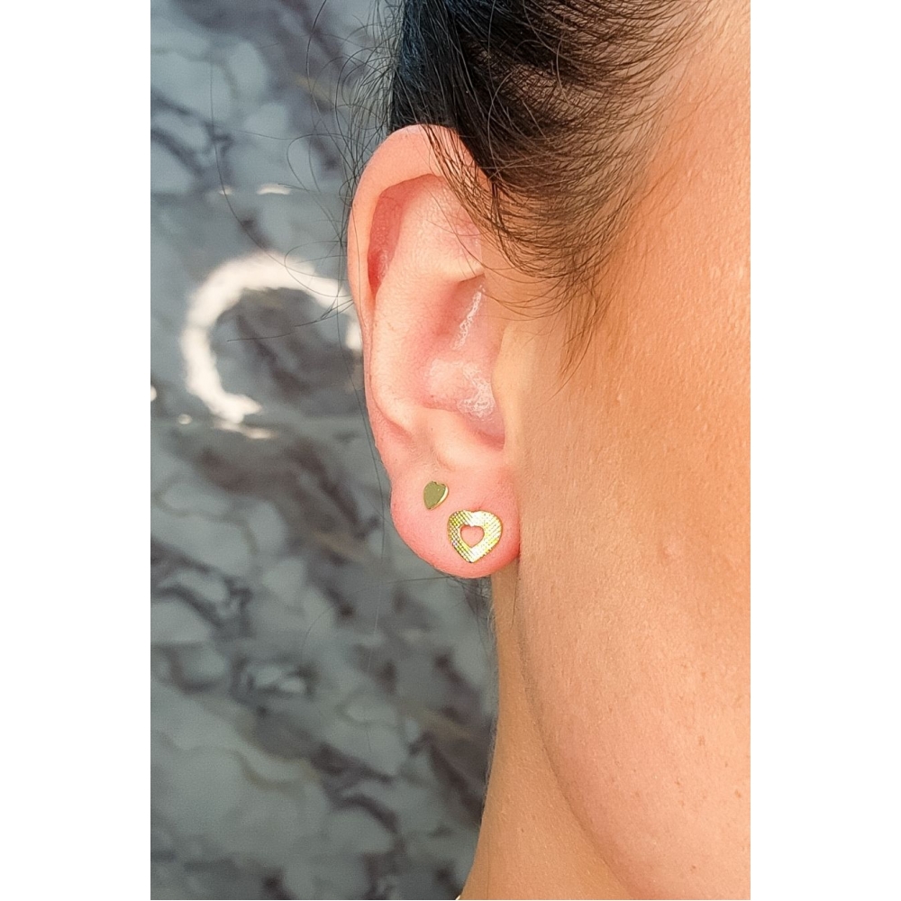 Duo Coração Pequeno e Coração Vazado Trabalhado Banhado em Ouro 18k - Dourado