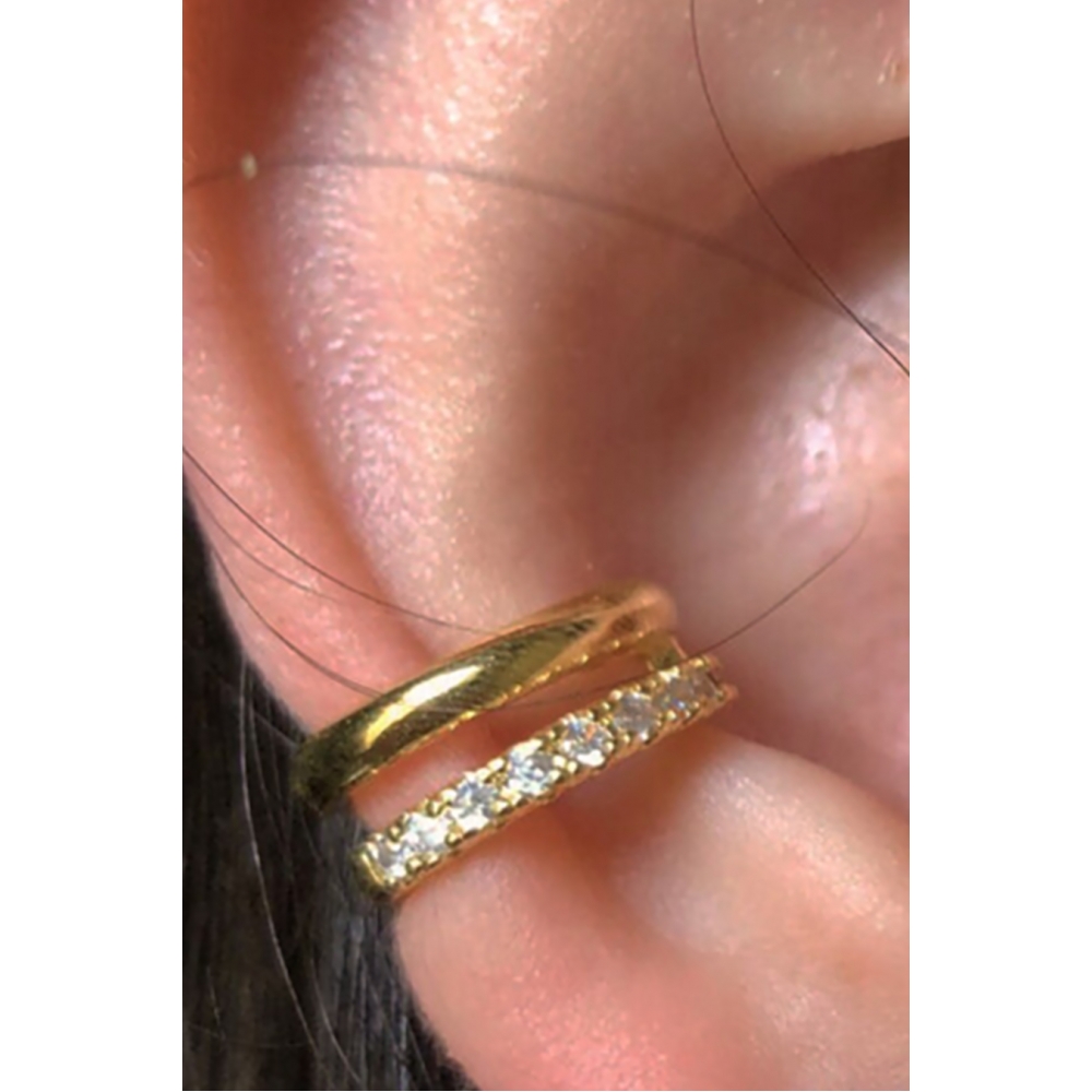 Piercing Fake Duas Tiras Lisa e Outra com Zircônias Banhado em Ouro 18k