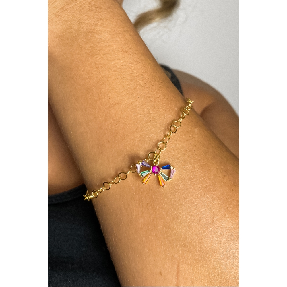 Pulseira Com Laço De Zircônias Coloridas Banhado em Ouro 18k - Dourado