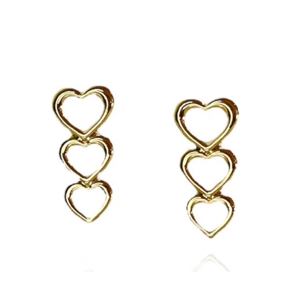 Brinco Três Corações Vazados Banhado em Ouro 18k - Dourado