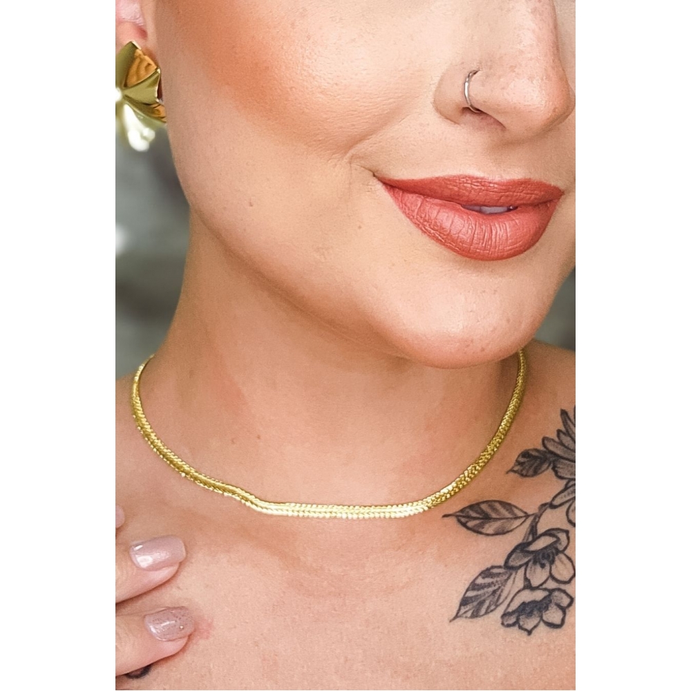 Choker Com Corrente Trabalhada Banhado em Ouro 18k - Dourado