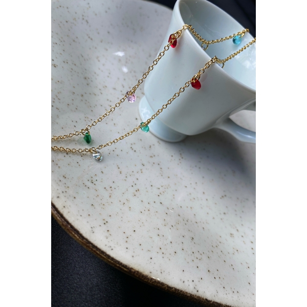 Colar Corrente Americana com Zircônias Multicolor Banhado em Ouro 18k - Dourado