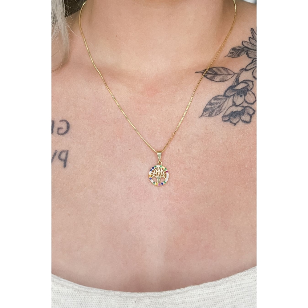Colar Com Pingente De Circulo Da Árvore Da Vida Com Zircônia Colorida Banhado em Ouro 18k - Dourado
