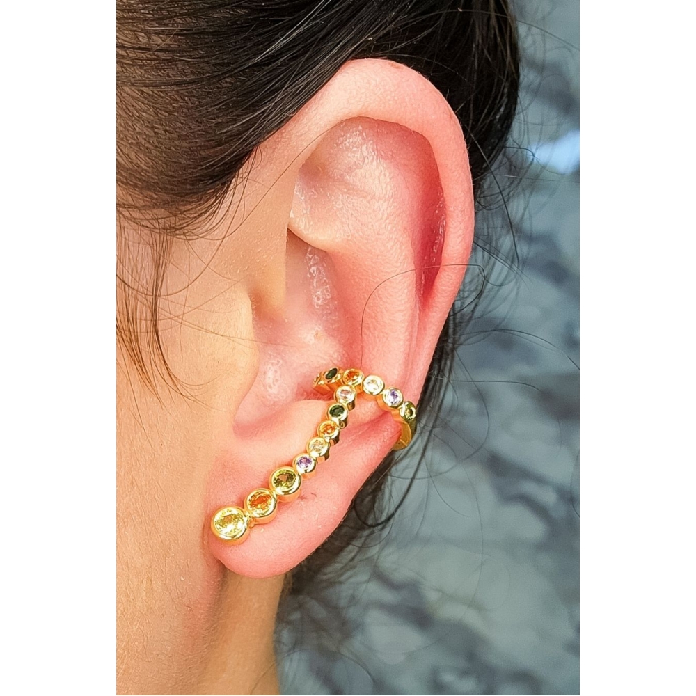 Brinco Ear Cuff com Piercing Fake e Zircônias Colorida Banhado em Ouro 18k - Dourado