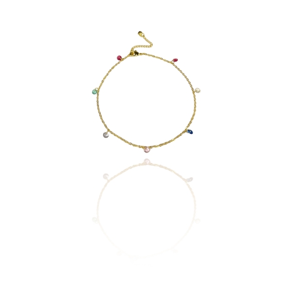 Tornozeleira Com Zircônia Coloridas Banhado em Ouro 18k - Dourado