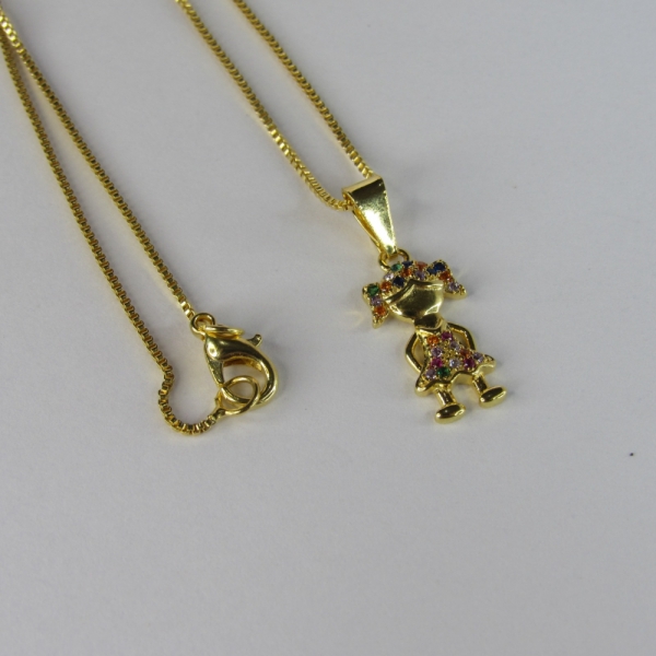 Colar Pingente Menina com Zircônia Colorida Banhado em Ouro 18k - Dourado