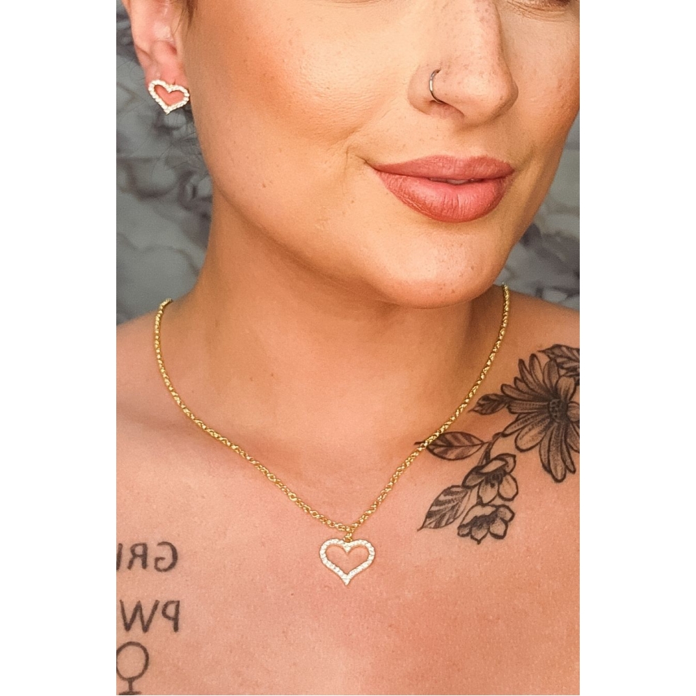 Conjunto de Coração com Zircônia e Corrente em Elos - Dourado