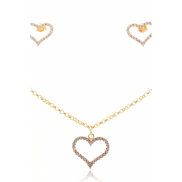 Conjunto de Coração com Zircônia e Corrente em Elos - Dourado