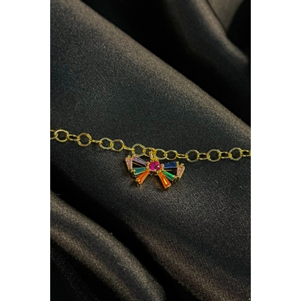 Pulseira Com Laço De Zircônias Coloridas Banhado em Ouro 18k - Dourado