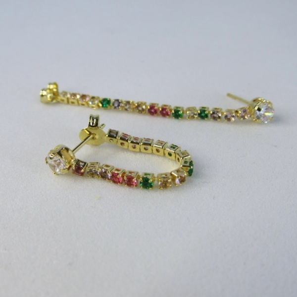 Brinco Corrente de Zircônias Coloridas Sortidas Com Zircônia na Ponta Banhado em Ouro 18k - Dourado