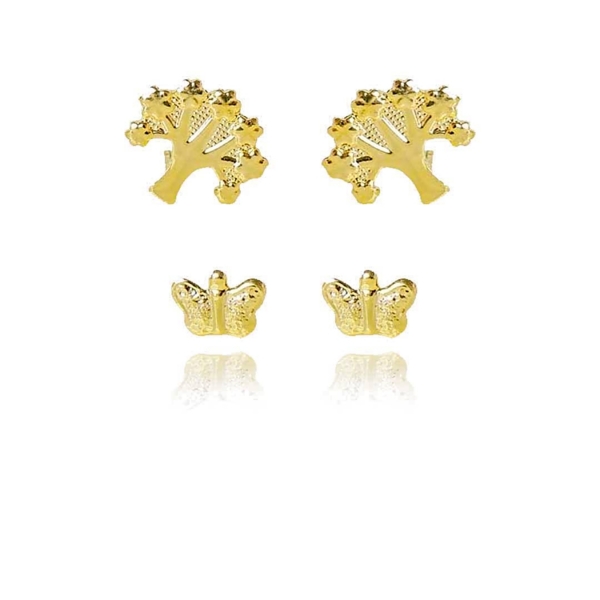 Brinco Duo de Árvore e Borboleta Banhado em Ouro 18k - Dourado