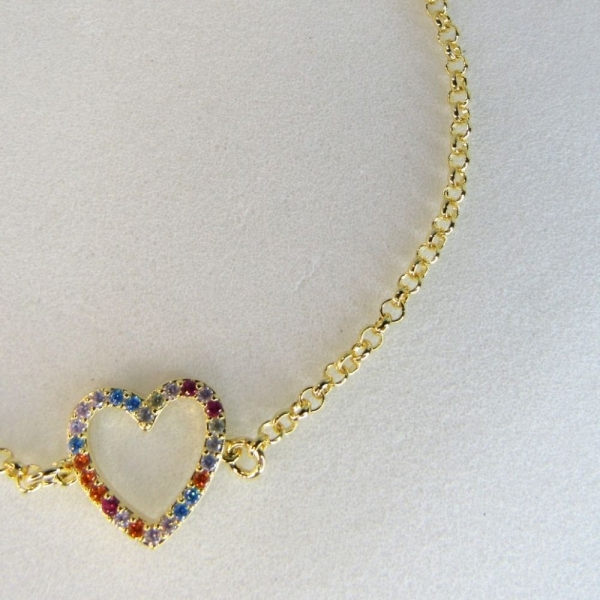 Pulseira Com Pingente De Coração Em Zircônias Coloridas Banhado em Ouro 18k - Dourado