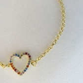 Pulseira Com Pingente De Coração Em Zircônias Coloridas Banhado em Ouro 18k - Dourado