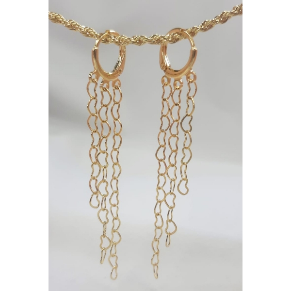 Brinco Argolinha com Corrente de Coração Banhado em Ouro 18k - Dourado